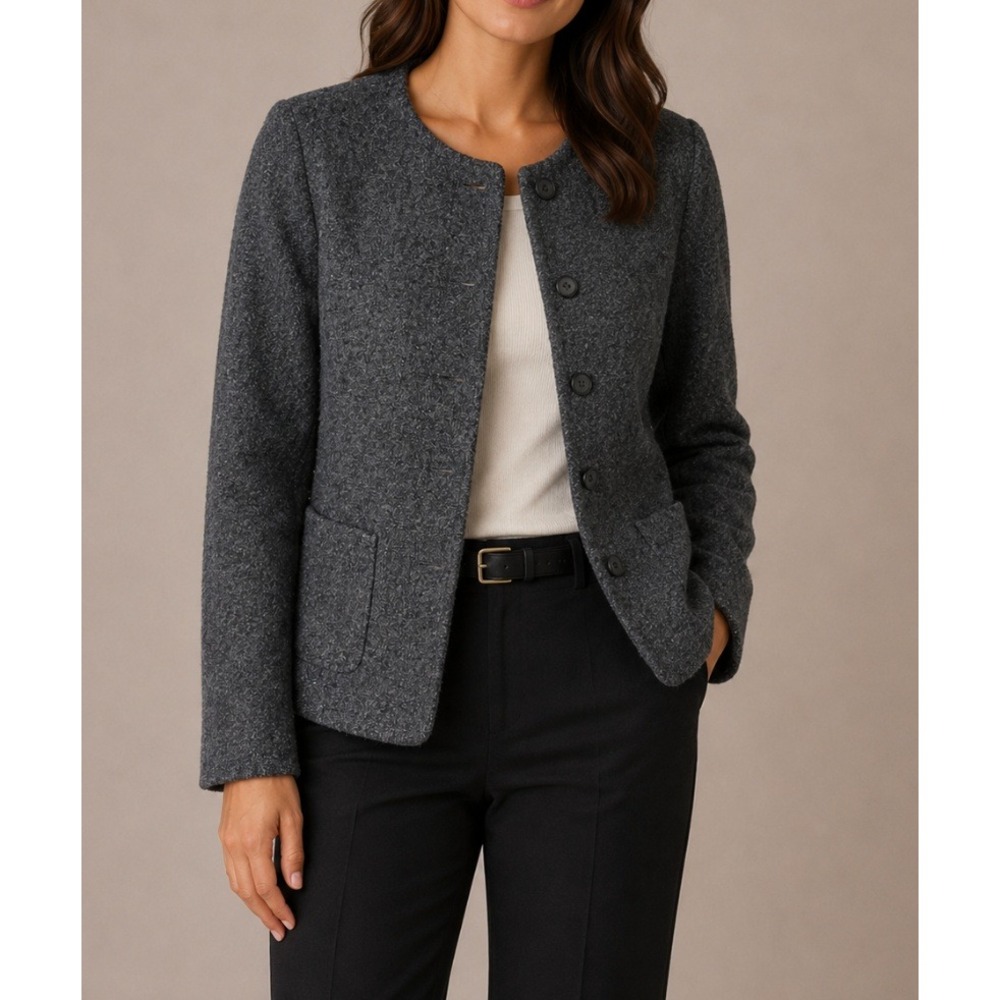 NEW Talbots Womens 8 Gray Wool Blend Metallic Sparkle Collarless Button Blazer